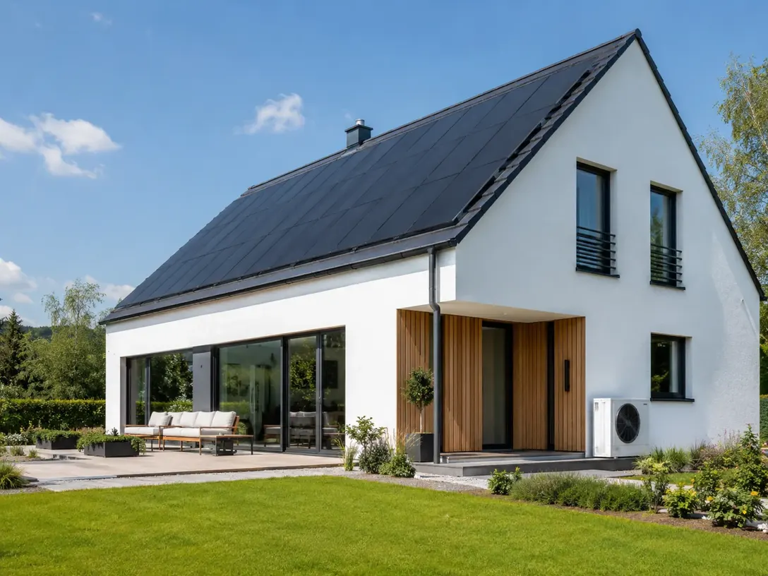 Modernes weißes Einfamilienhaus mit schwarzem Photovoltaik-Dach und Wärmepumpe an der Hauswand